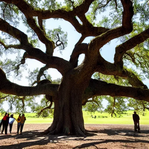 Image similar to oak tree as big as a building with people among the roots
