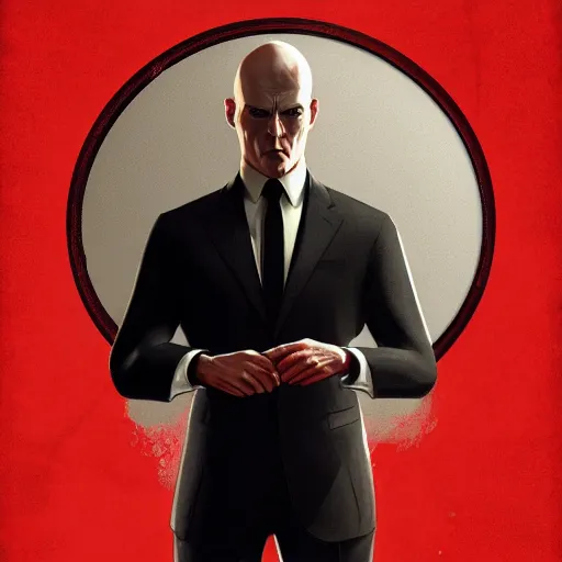 Image similar to a symmetrical portrait of agent 4 7 from hitman wearing headphones, dark background, red rim light, highly detailed, digital art, artstation, concept art, smooth, sharp focus, greg rutkowski, wlop