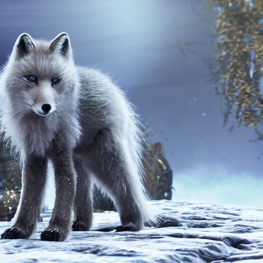 Prompt: screenshot depicting an anthropomorphic arctic fox wearing armor dressed as a character in Final Fantasy, octane render