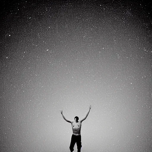 Image similar to a man falling in the blackness of space, stars in the background, wide shot, background, space, minimalist, realistic, b&w, void