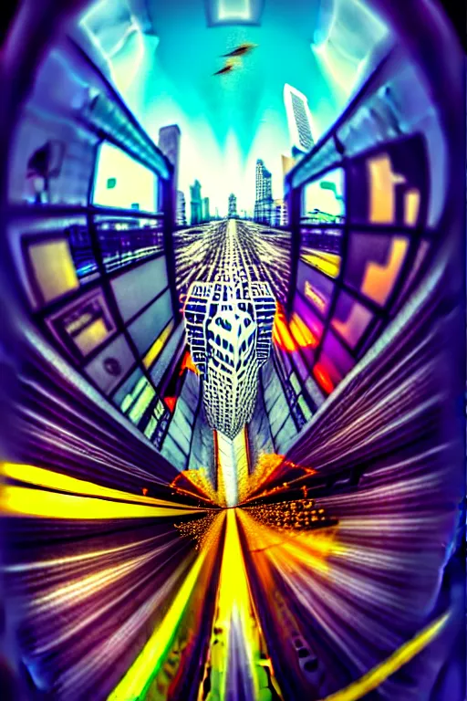 Prompt: First-person-perspective of flying over the streets and through shattering skyscrapers, fish-eye-perspective, intense speed. A concept of Melancholic Euphoric heartshine in the crush of oblivion, a heart burning fiercely into a new essence. The vibrancy of nouveau is gilded with hollow-wishes. Trending on ArtStation. Vivid Grimdark-Neon Geometric oil spattered Digital scene of a futuristic sci-fi cityscape space colony. A mismatched grid of fate-stitched-patchwork memories. | WARNING, DANGER, REDACTED SLICES OF SPACETIME DETECTED, GLOBAL RESTART IMMINENT