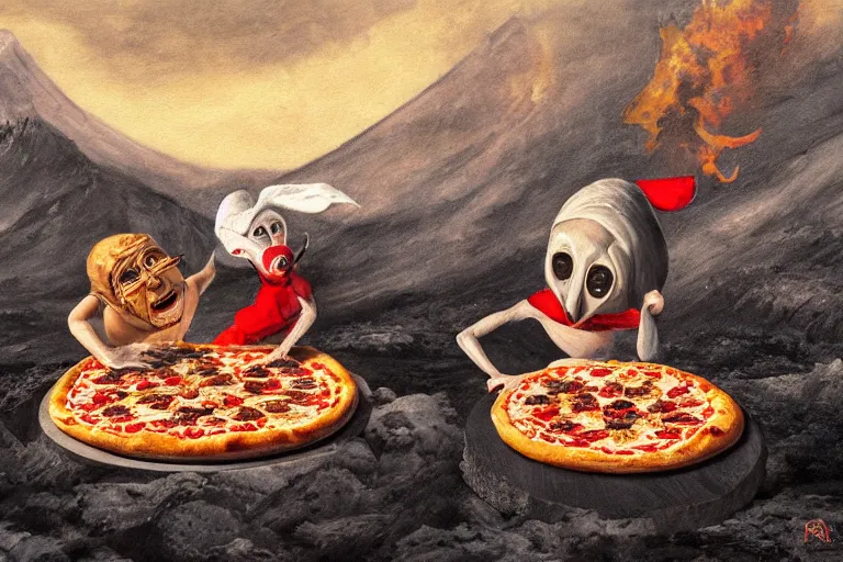 Image similar to a highly detailed pizza! with pulcinella!!! from naples, volcano in the background, black sky, smoke, fire lava, full body, wide angle, an ultrafine detailed painting by rivorio mok, trending on deviantart, whimsical, lowbrow, perfect symmetrical face, sharp focus, octane, masterpiece