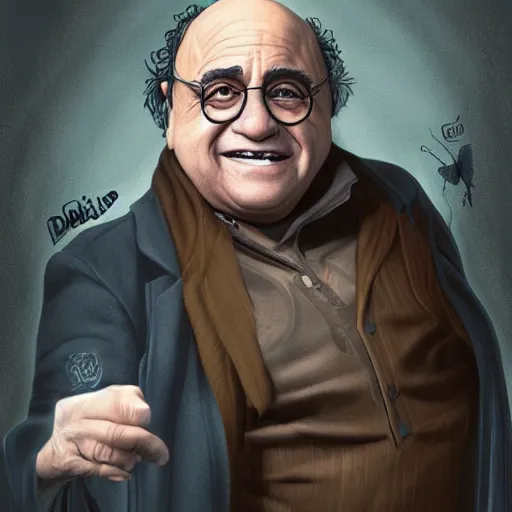 Image similar to full body portrait of danny devito as as Harry Potter, fantasy, highly detailed, digital painting, artstation, concept art, sharp focus, illustration, art by artgerm and Anna Dittmann and Ilya Kuvshinov