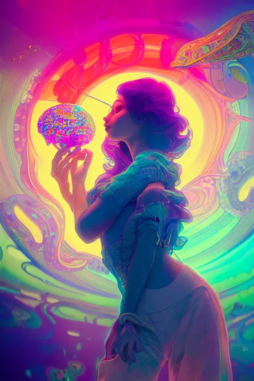 Image similar to a gorgeous woman surrounded by colorful liquid clouds and neon smoke, extremely detailed, in a psychedelic experience, psilocybin, dmt, lsd, face, highly detailed, artstation, alphonse mucha, hana yata, and artem demura and beeple, bill sienkiewicz, octane render, unreal engine, 8 k