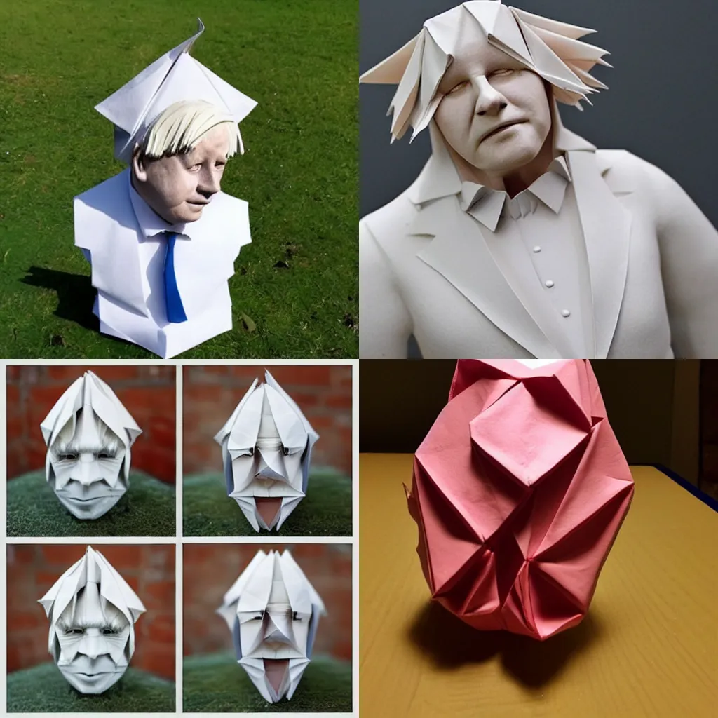 Prompt: origami sculpture that looks like boris johnson