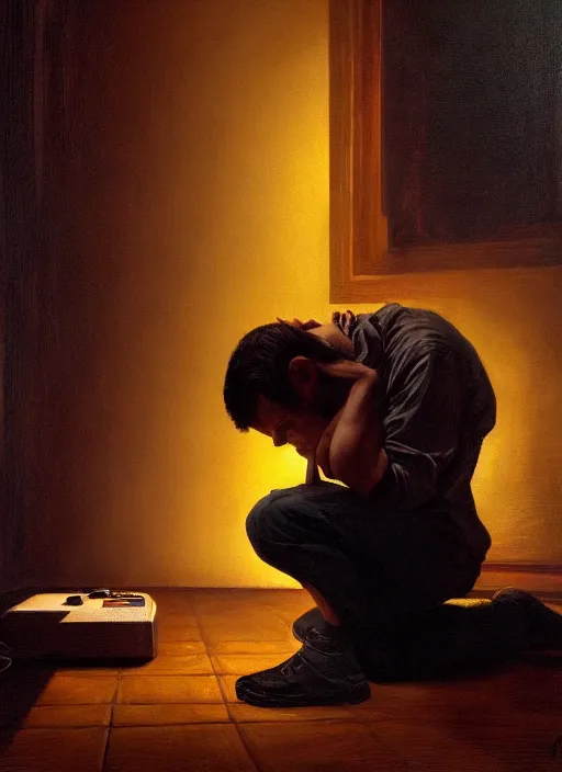 Image similar to insanely detailed chiaroscuro image of a sleepy - looking programmer guy on his knees facing his glowing ultrawide monitor begging it for forgiveness, oil on canvas, masterwork, fine detail, trending on artstation, emotive, insanely compelling, ryden, koons, moebius