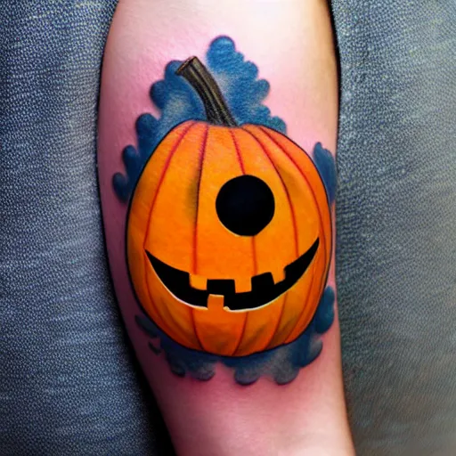 Prompt: cartoon tattoo of an angry pumpkin with glowing eyes and a light gray background on shoulder