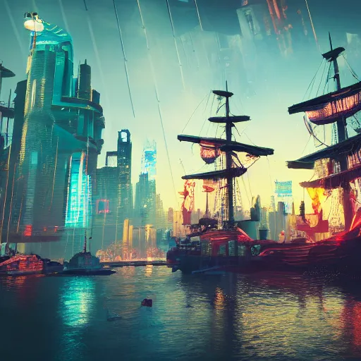 Image similar to high quality photo of a pirate ship in a cyberpunk cyberpunk cyberpunk city, realism, 8k, award winning photo