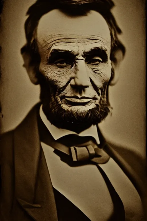 Prompt: Abraham Lincoln grinning, portrait, full body, symmetrical features, silver iodide, 1880 photograph, sepia tone, aged paper, Sergio Leone, Master Prime lenses, cinematic