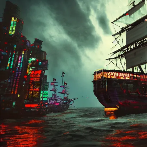 Prompt: high quality photo of a pirate ship in a cyberpunk cyberpunk cyberpunk city, realism, 8k, award winning photo, underwater shot