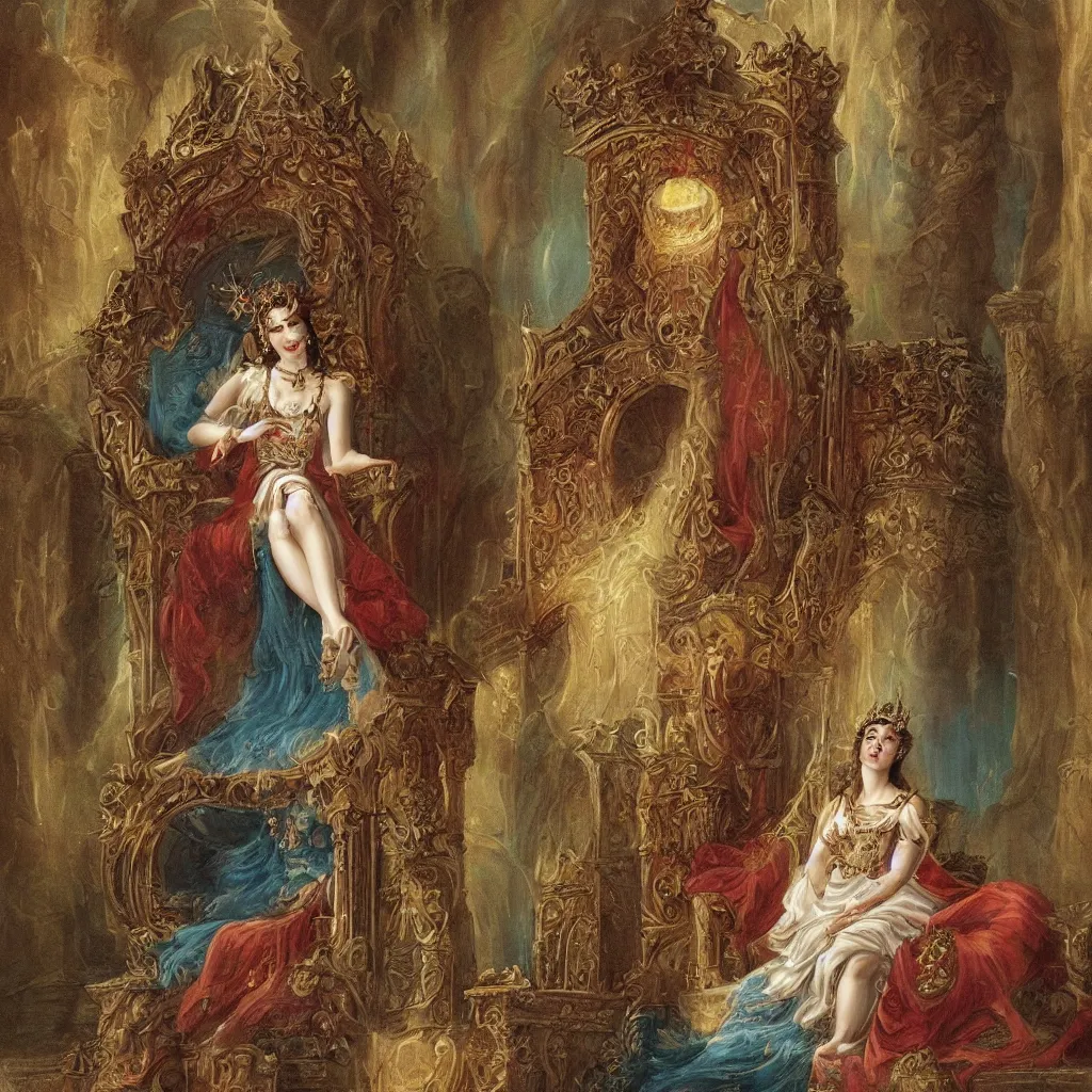Prompt: a portrait of the goddess of love sitting on her throne inside her castle, fantasy illustration