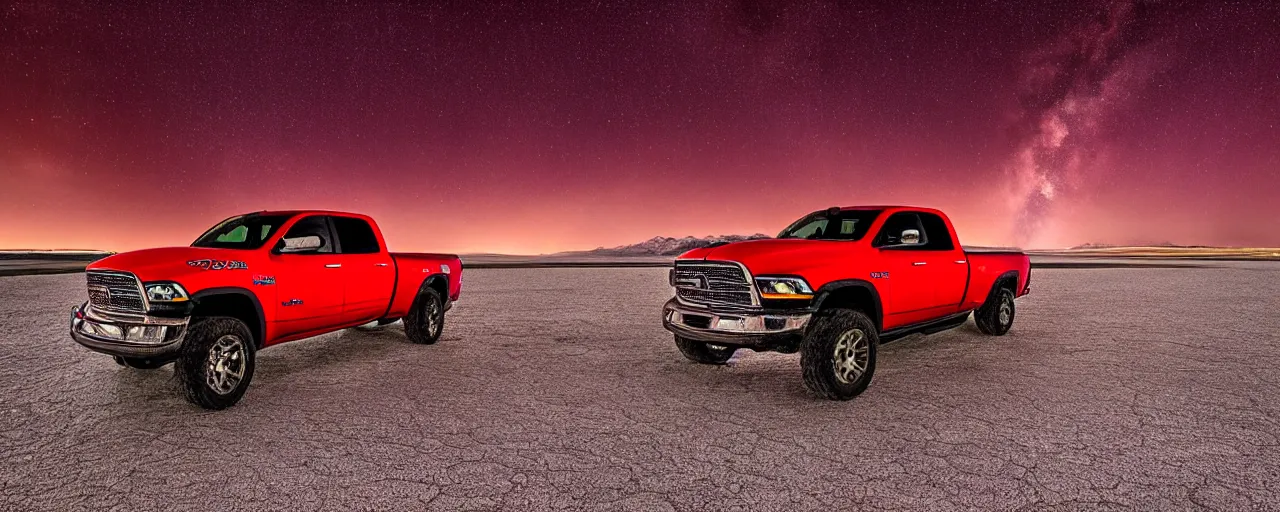 Image similar to dodge ram red power wagon speeding on wet salt flats at night, reflections, long exposure, milky way, Sayem Reza, poster