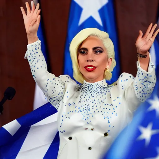 Image similar to Lady Gaga president of Argentina, Argentina flag behind, bokeh, detailed, hd, waving hands, in Argentine Congress