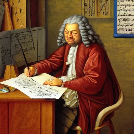 Image similar to highly detailed painting of bach writing a piece of music on a sheet of paper, he is inside of a wooden shack, 4 k resolution, by jaquis luis david, visible paint layers, renaissance.