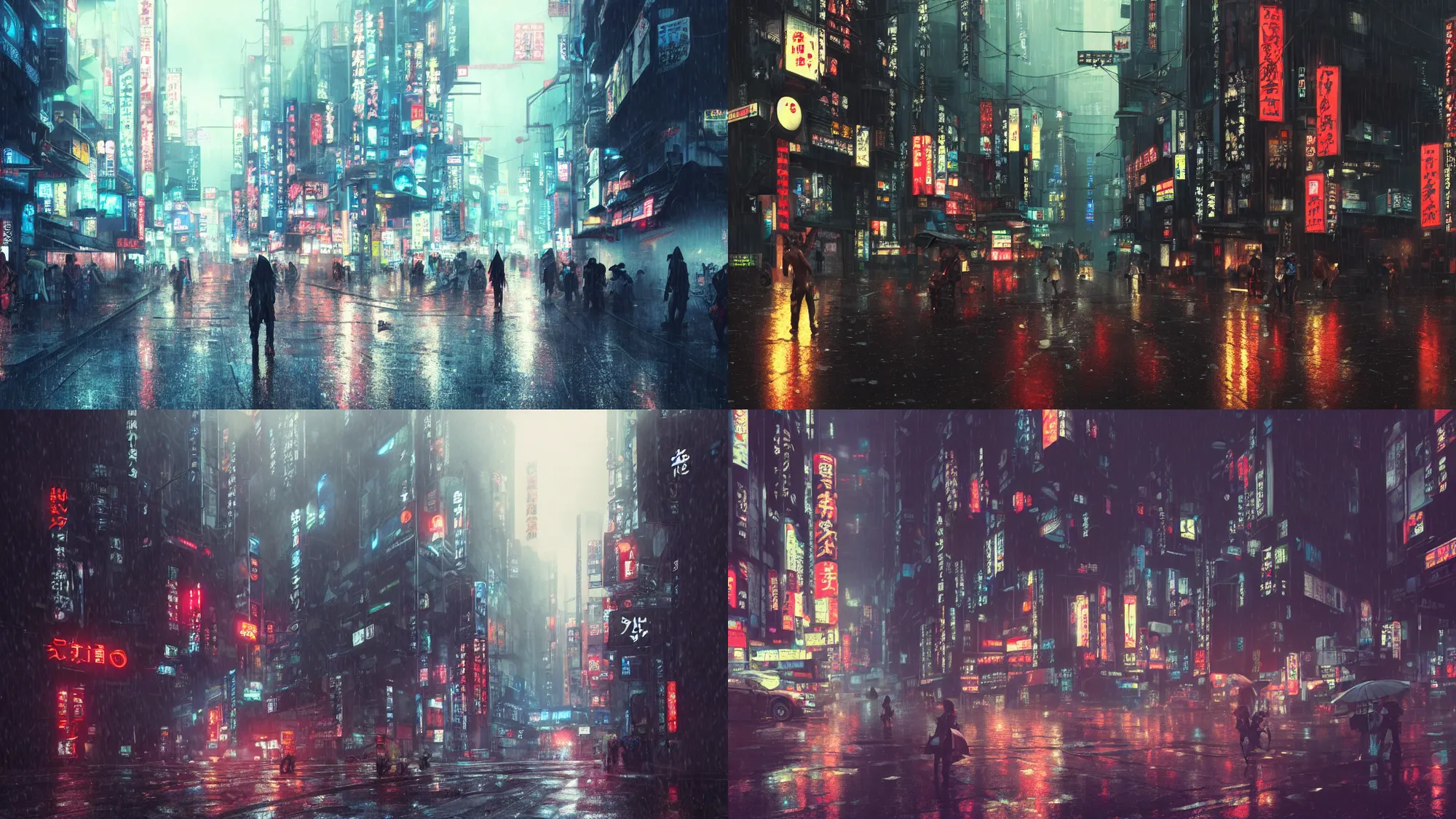 Prompt: Scene of a japanese cyberpunk city in the rain during midnight, heavy contrast, cozy wallpaper, 4k, high details, octane render, ray tracing, 3d render, trending on Artstation, award-winning, art by Greg Rutkowski