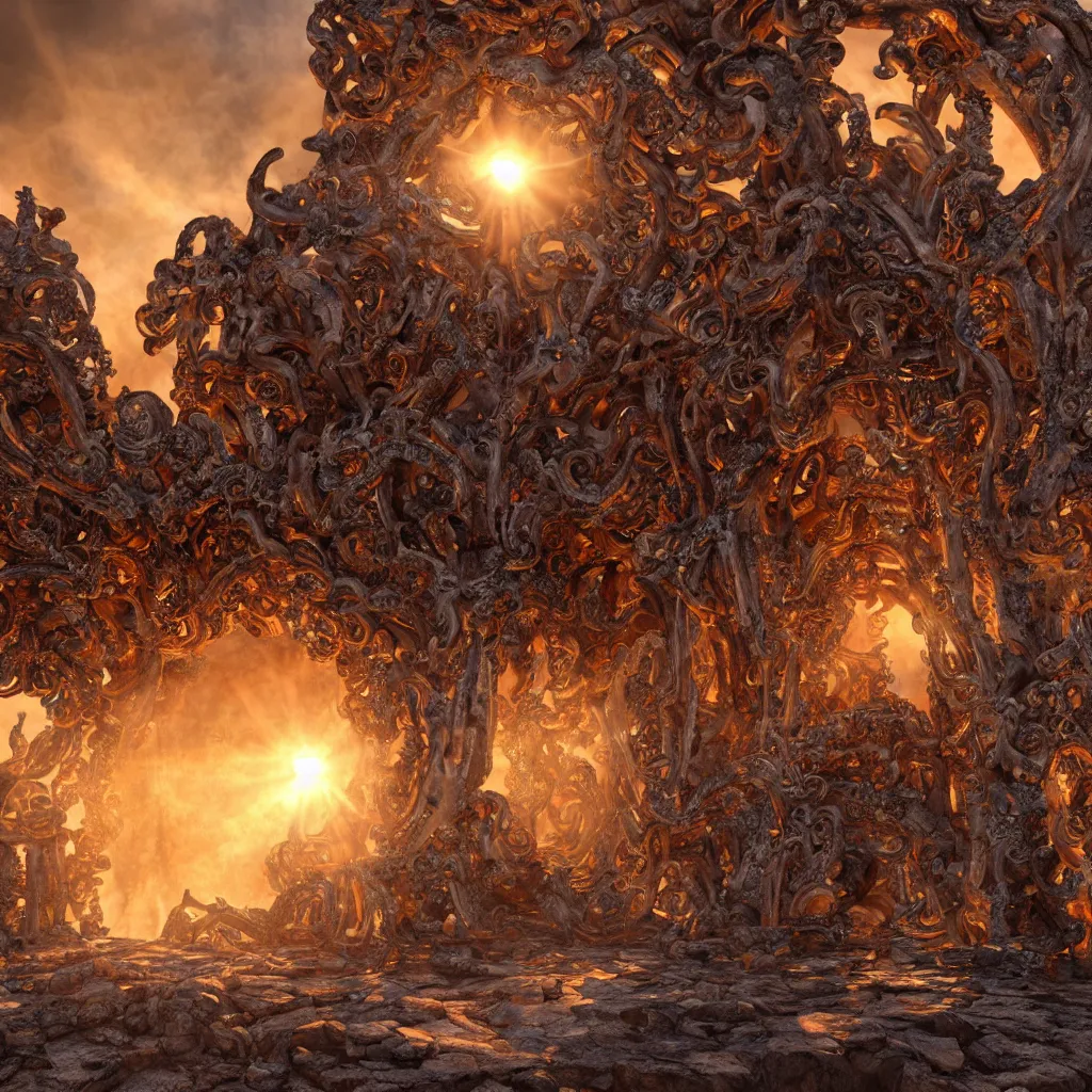 Image similar to ancient temple made of ribs and spines and teeth, gold ram horns, copper goat skulls, grand imposing powerful sculpture. swirls of mist. sunrise, intense light beams, lens flare. occult photorealism, uhd, amazing depth, volumetric lighting, cinematic lighting. epic landscape.