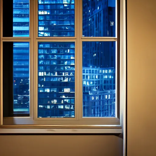 Prompt: dark featureless wall with window in it, city nightscape lights visible through window