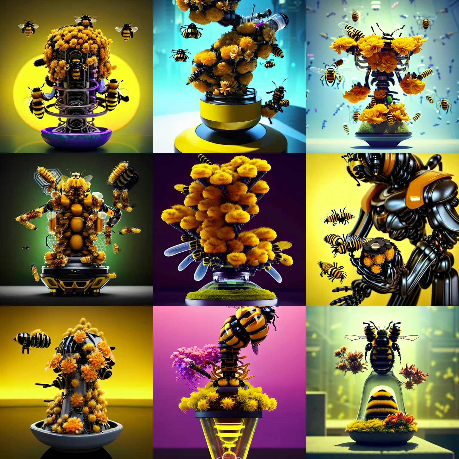 Prompt: complex biotech floral cyborg bumblebee quantum bonsai honey bong | elaborate, fun, cyberpunk, galactic temple, weta disney movie still photo, hi - fructose, sci fi fantasy, divine proportion, octane render, sharp focus, artstation, concept art | dyson, feng zhu, rutkowski, beeple