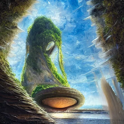 Image similar to beautiful portrait of bamboo living pods shaped like a sea shell embedded on the side of a cliff, windows, the time machine, spaceship by john berkey, panoramic view, ssci - fi, futuristic valley, rendered in octane, art by artgerm, artwork by peter gric and brian froud and esao andrews and david hardy