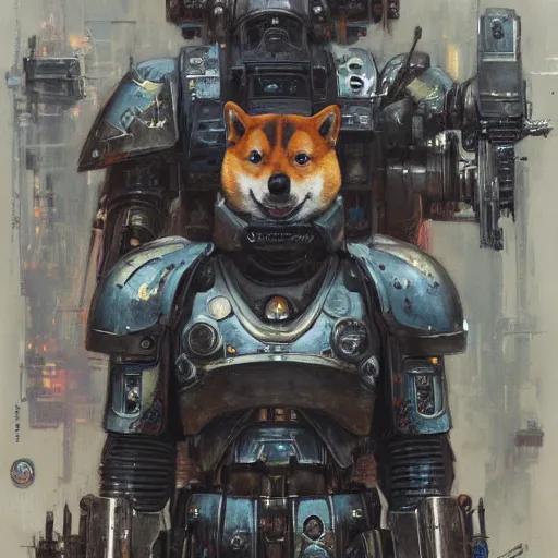 Prompt: wearing warhammer 4 0 0 0 0 emperor armor realistic cyborg anthropomorphic shiba inu scifi cyberpunk, portrait art by donato giancola and greg rutkowski, vintage retro scifi, realistic face, digital art, trending on artstation, symmetry