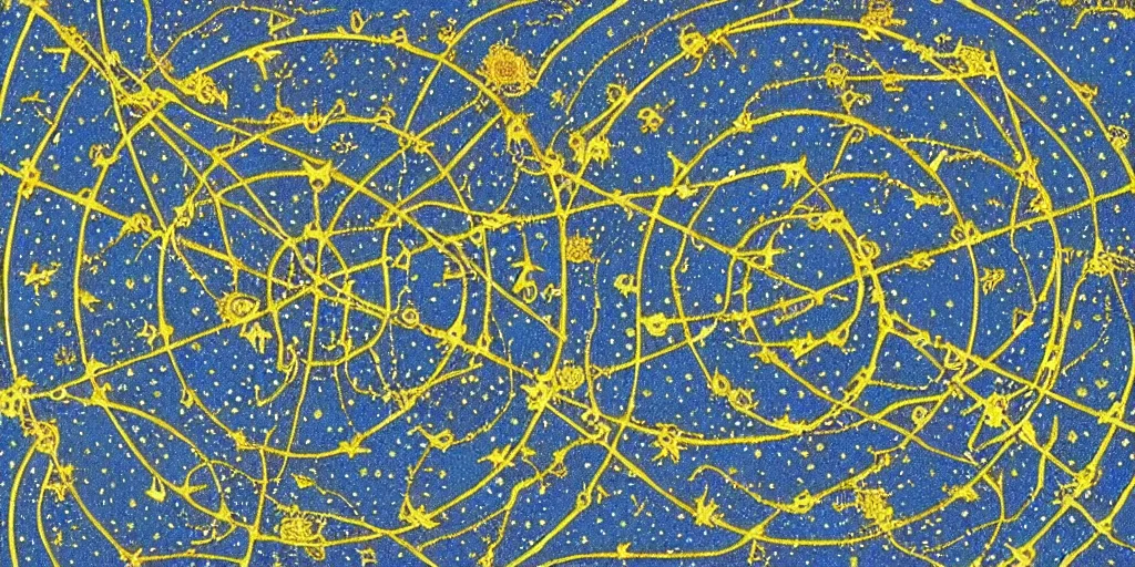 Image similar to ancient cosmic map of the various holes in the universe where time travelers can sneak through the fabric of space time. deep blue with constellations and radiating gold lines and circles, with intricate border. map has been folded and dirtied many times over the centuries