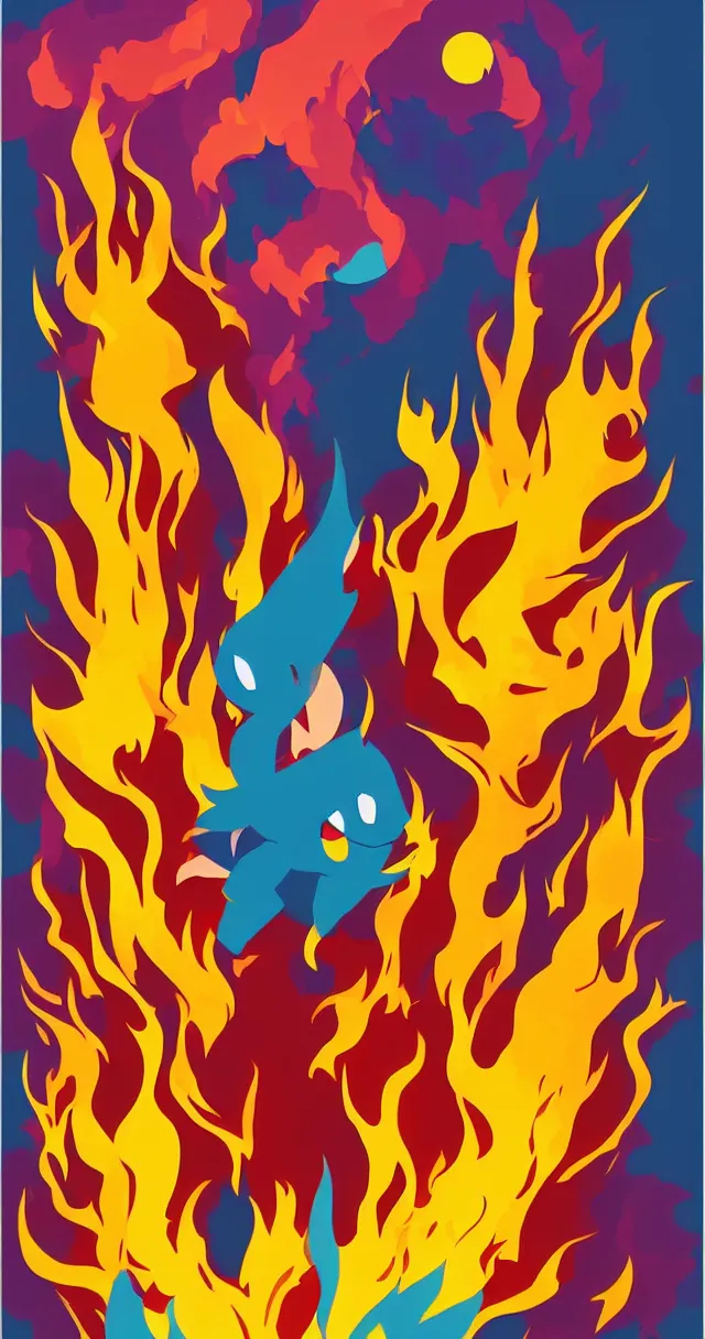 Image similar to colorful minimalist poster art design of a burning church from pokemon sword and shield