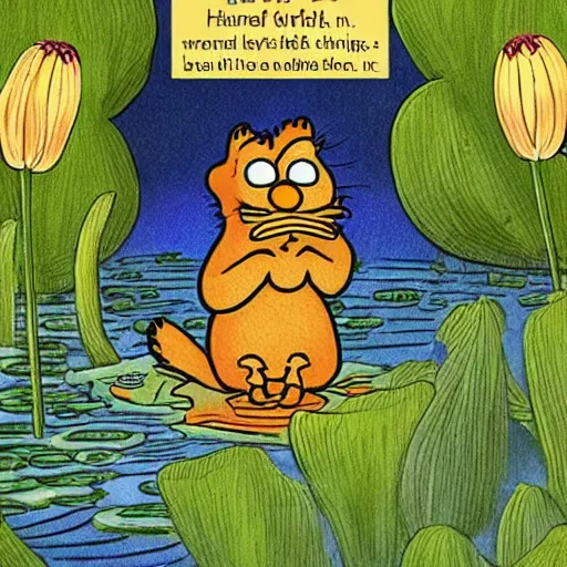 Prompt: garfield by h. p. lovecraft natural, ordered. print. a young girl is sitting on the edge of a pond, with her feet in the water. she is looking at a frog that is sitting on a lily pad in the pond.