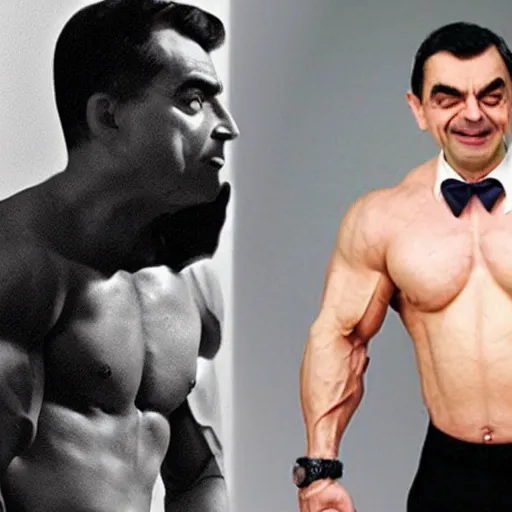 Image similar to mr. bean but a bodybuilder