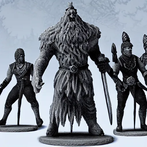 Prompt: dnd frost giant towering over some warriors