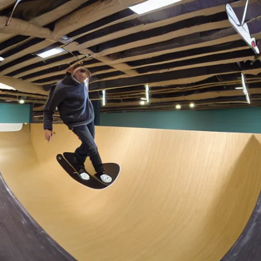 Prompt: fingerboard in een indoor skatepark