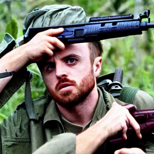 Prompt: jesse pinkman from breaking bad holding an m 1 6 rifle in the vietnam war, 4 k, hyper realistic