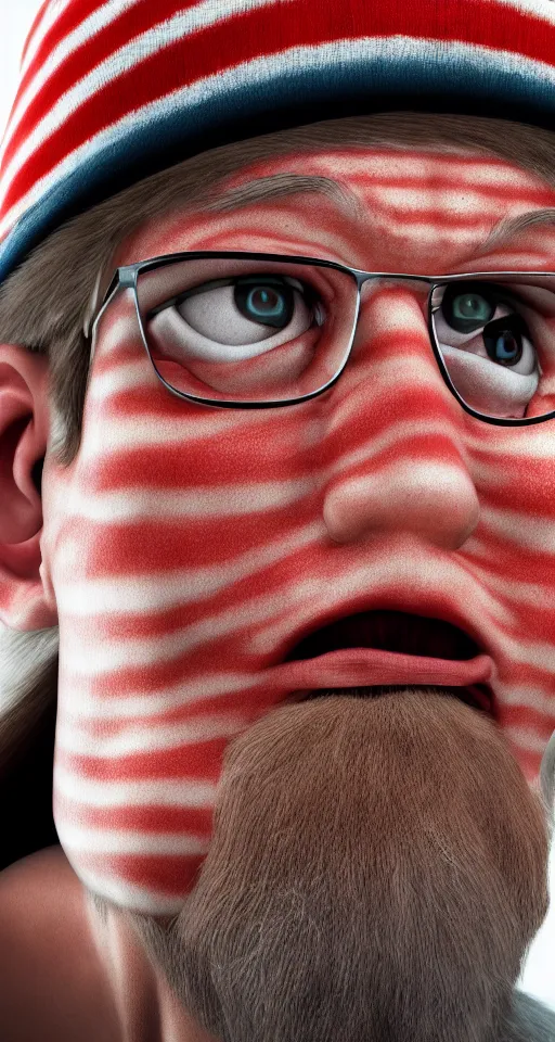 Image similar to a hyperrealistic portrait photo of waldo from where's waldo, portrait, photograph, volumetric lighting, heavy mood, grump expression, hyper realistic, 8 k render, unreal engine 5 render