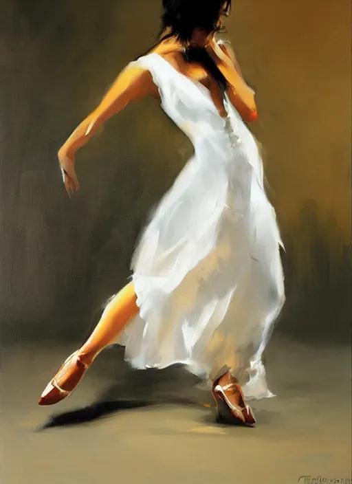 Image similar to sensual tango dancer girl in white dress, painting by phil hale, fransico goya, action lines, graphic style, visible brushstrokes, motion blur, blurry, visible paint texture, crisp hd image