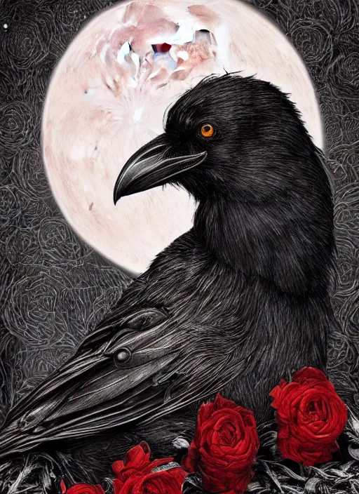 Image similar to portrait, A crow with red eyes in front of the full big moon, book cover, red roses, red white black colors, establishing shot, extremly high detail, foto realistic, cinematic lighting, pen and ink, intricate line drawings, by Yoshitaka Amano, Ruan Jia, Kentaro Miura, Artgerm, post processed, concept art, artstation, matte painting, style by eddie mendoza, raphael lacoste, alex ross