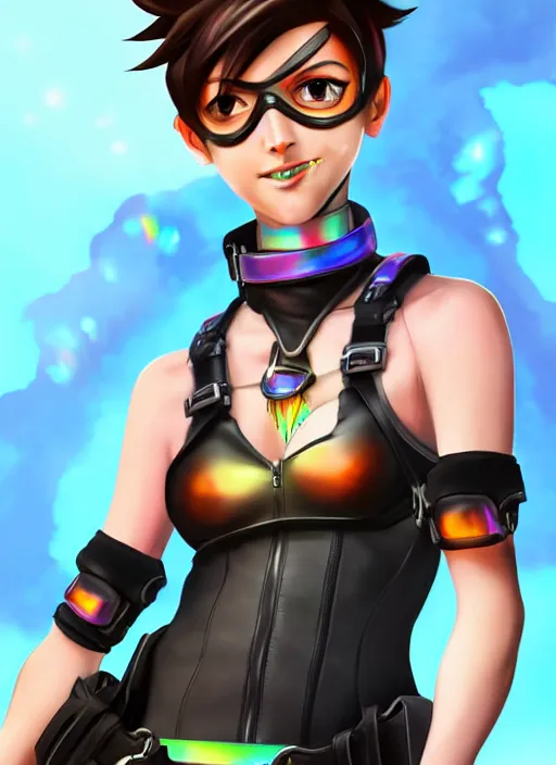 Image similar to full body digital artwork of tracer overwatch, wearing black iridescent rainbow latex tank top, 4 k, expressive happy smug expression, makeup, in style of mark arian, wearing detailed black leather collar, wearing chains, black leather harness, leather cuffs around wrists, detailed face and eyes,