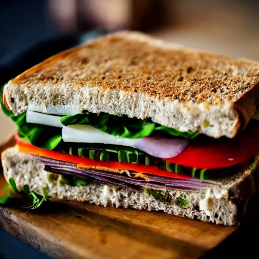 Prompt: close up high resolution photo of vegan sandwich, very tasty, food photography, instagram, trending