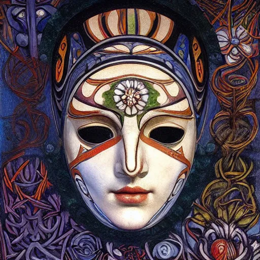 Image similar to a masterpiece painting of a facemask made of stylized flowers, by annie swynnerton and jean delville and tino rodriguez and john watkiss, flower mask, art deco shaman, art brut, symbolist, dramatic cinematic lighting, god rays, iridescent beetles, clean crisp graphics, smooth sharp focus, extremely detailed