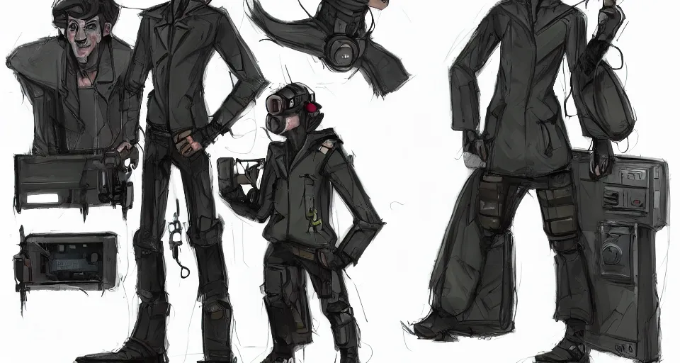 Image similar to concept art of a lean and lanky man that has a radio for a head and wears a cyberpunk coat, concept art, turnaround world building, character design