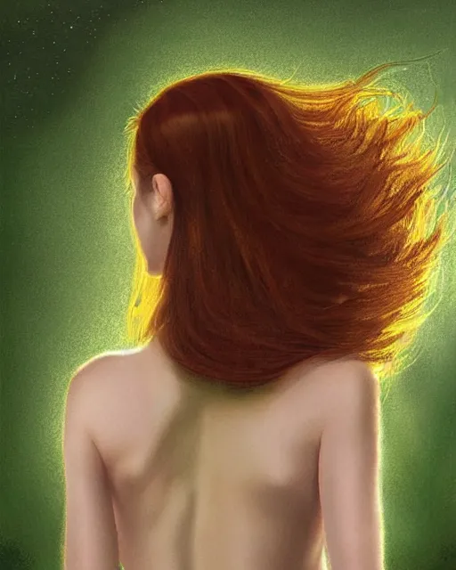 Image similar to a happy, modern looking young woman, seen from behind, among the lights of golden fireflies and nature, long loose red hair, intricate details, green eyes, small nose with freckles, oval smiling face, golden ratio, high contrast, hyper realistic digital art by artemisia lomi gentileschi and caravaggio and artgerm.