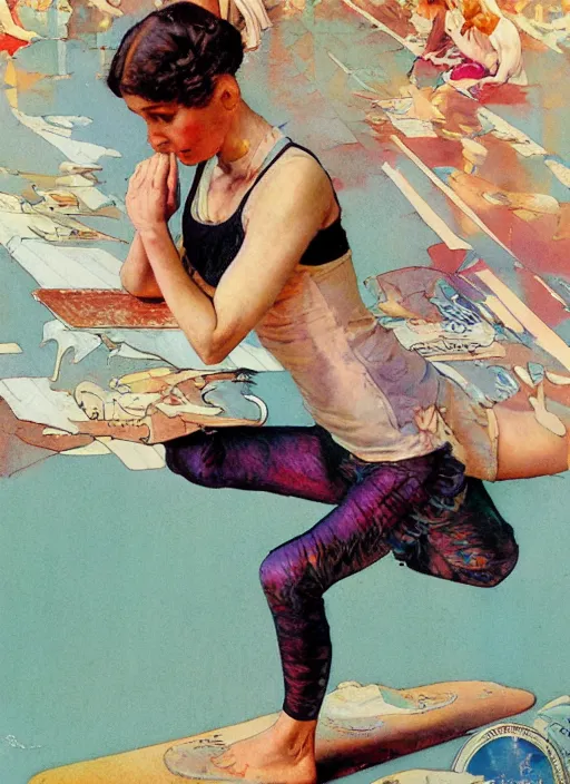 Image similar to an art nouveau copic maker close up illustration of girl doing yoga at high speed by norman rockwell and john berkey