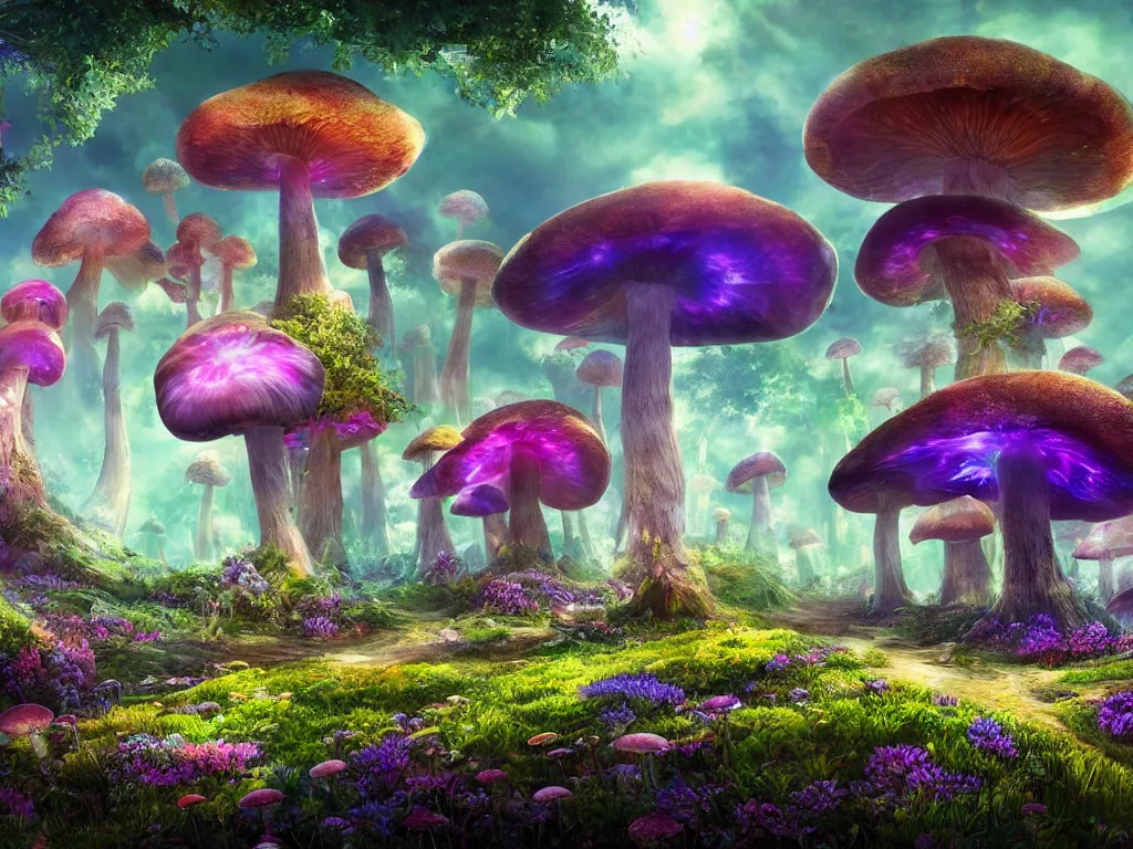 Image similar to a beautiful otherworldly fantasy landscape of giant mushrooms like trees forming canopies over bright colorful mythical sprouted floral plants and colorful foliage on the ground, like alice in wonderland, extreme detail, studio ghibli and pixar and abzu, rendering, cryengine, deep colors, purple and blue and green colors, vray render, cgsociety, bioluminescent