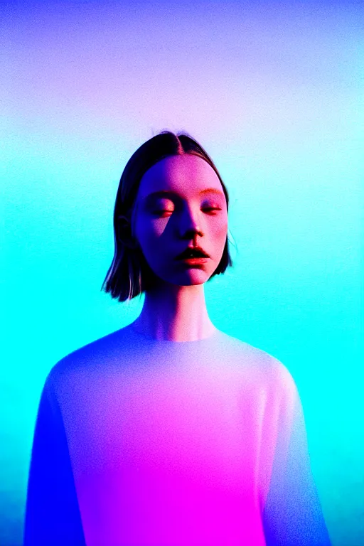 Image similar to high quality pastel coloured film close up wide angle photograph of a model wearing clothing swimming on cloud furniture in a icelandic black rock!! environment in a partially haze filled dreamstate world. three point light, rainbow. photographic production. art directed. pastel colours. volumetric clouds. pastel gradient overlay. waves glitch artefacts. extreme facial clarity. 8 k. filmic.