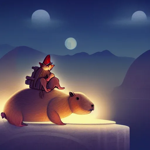 Prompt: beautiful digital fantasy illustration of a Birth Machine, Capybara pirate, keeping vigil over the salt flats, lights in the night, highly detailed, soft lighting, rendered in octane, masterpiece, very very very aesthetic, exquisite marble details