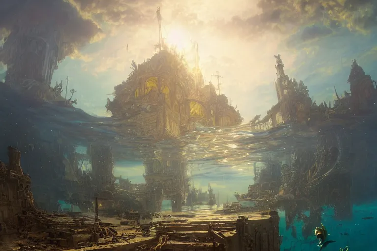 Prompt: a beautiful painting of the lost and abandoned city of Atlantic under water, ray of sunlight, mermaids in distance, Greg Rutkowski, Moebius, Mohrbacher, Mucha, blue and gold color scheme, ultra wide angle, ultra detailed