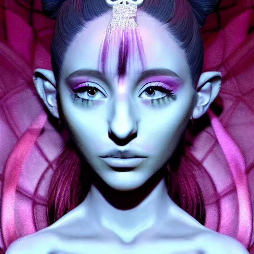 Image similar to Portrait of salvia trip faerie goddess Ariana Grande. Claymation. intricate abstract. intricate artwork. nightmare fuel. by Dave McKean. octane render, trending on artstation, greg rutkowski very coherent symmetrical artwork. cinematic, hyper realism, high detail, octane render, 8k, iridescent accents