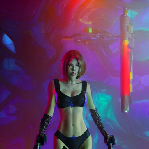 Prompt: Extreme long Shot of psychedelic Jill valentine in mysterious chromatic astral temple standing in swimsuit with glock17 , beautiful, dmt, trending on artstation, omnious, soft, hypermaximalistic, high details, cinematic, 8k resolution, artwork by Wong, Liam