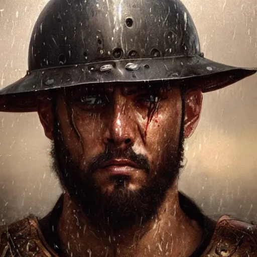 Prompt: roman general maximus decimus meridius with beard, scarred, wet, raining, close up, rim lighting, portrait, sinister atmospheric lighting. highly detailed painting by greg rutkowski, anime style