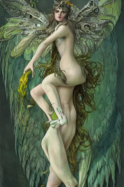 Prompt: highly detailed, intricate stunning image of harpy angel girl, feathered long hair, talons, claws, green and yellow palette, horns, bones in style of alfonson mucha, grey and white, pale, stunning atmosphere, animal and monster by h. r. giger and peter mohrbacher