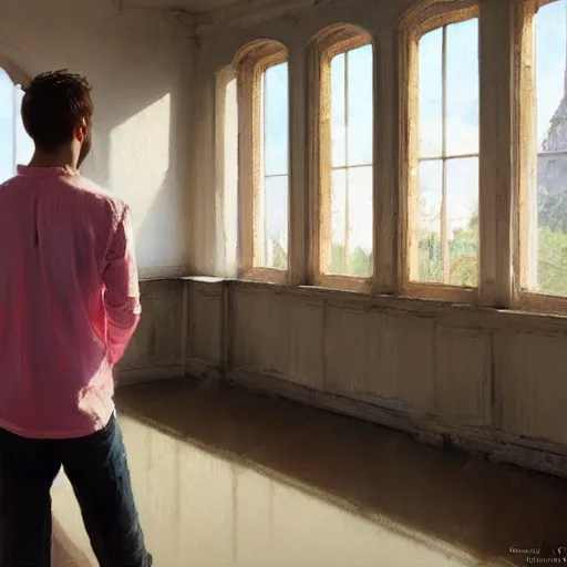 Image similar to concept art, young man in pink shirt standing near french windows, by james gurney, greg rutkowski, john howe, artstation