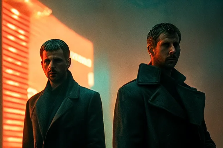 Image similar to film still of closeup beautiful russian models couple closeup in blade runner 2 0 4 9, cinematic, moody, gritty neon noir by emmanuel lubezki